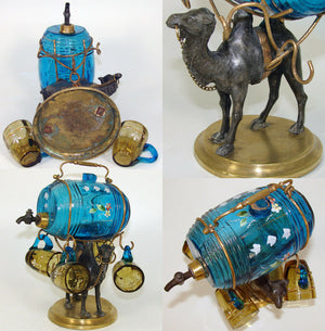 Antique French Napoleon III Liqueur Decanter, Enamel Liquor Barrel & Cups: Camel