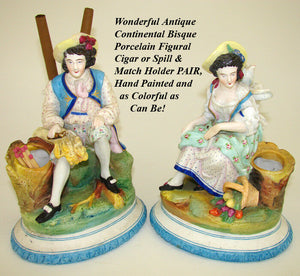 Antique Pair Old Paris Porcelain Figures, Man & Woman, Spill Vase or Cigar Stand