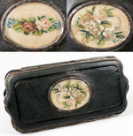Antique French Cigar Case, 6.5" Leather with Embroidery Insets, Napoleon III