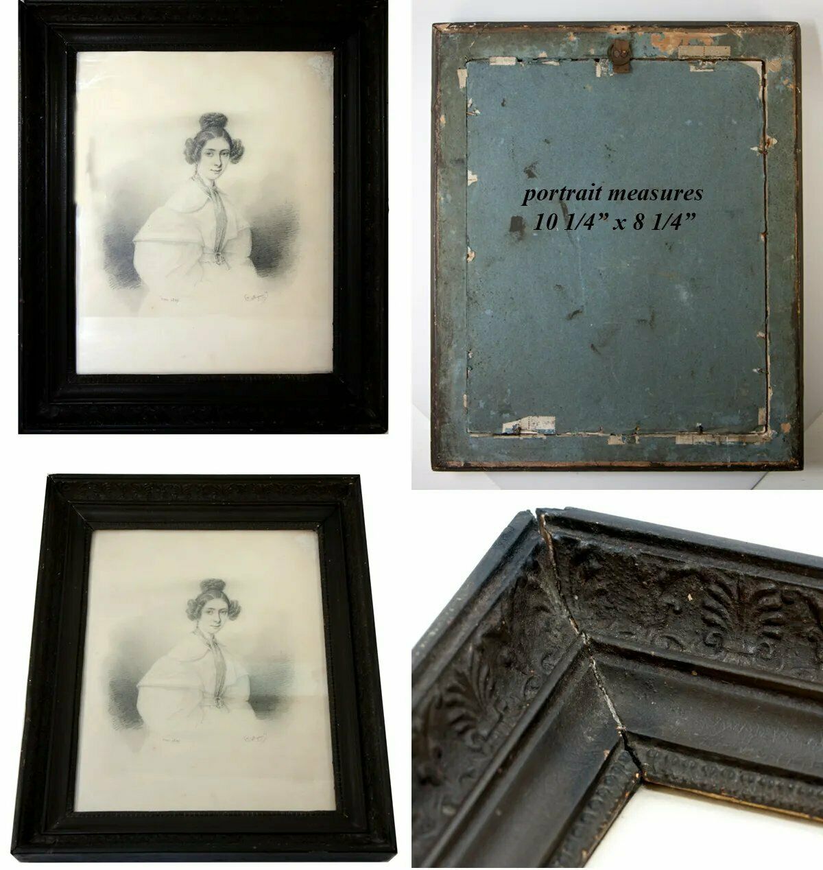 Antique c.1835s French Portrait Drawing, Sketch of Young Woman, Ingres?, Frame