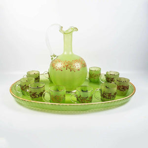 Antique French Napoleon III Cabaret, Green Opaline & Raised Gold Carafe, Tray +