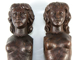 Antique PAIR of Carved Wood Caryatid Figures, 15" Tall, Cabinet or Architectural