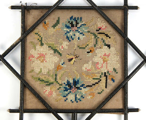 Antique French Face Screen Pair, Victorian Era Chinoiserie, Embroidered Silk