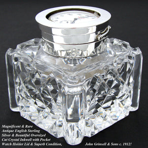 Antique Brilliant Cut Crystal & Sterling Silver 3.5" Inkwell, Pocket Watch Displ