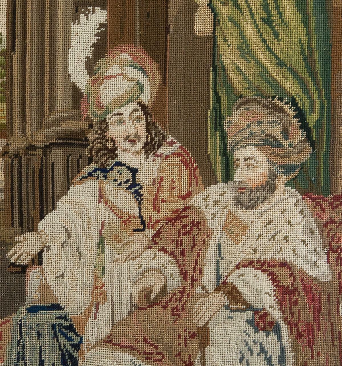 Antique Victorian Era Fine Needlepoint Tapestry in Elegant Frame, King & Throne