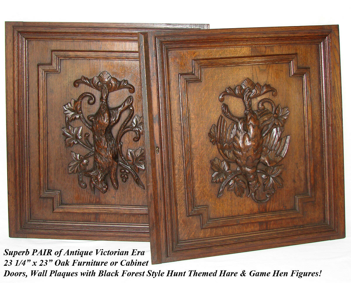 PAIR Antique Victorian 25" Carved Architectural Furniture Doors, Panels: Hunt