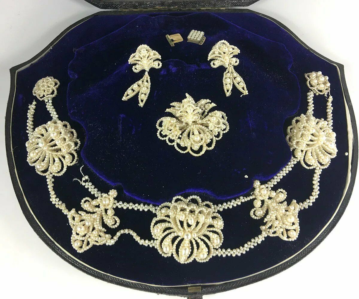 Antique Georgian to Early Victorian 18k Seed Pearl Parure, Box, Necklace, Brooch