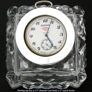 Antique Brilliant Cut Crystal & Sterling Silver 3.5" Inkwell, Pocket Watch Displ