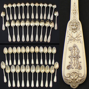 RARE 60pc Set Antique French Vermeil 18k Gold on Sterling Silver Flatware Set, Ornate