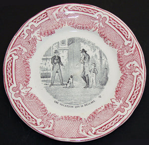 Charming Antique French St Amand et Hamage 2pc Cabinet Plate Set, Figural Scenes