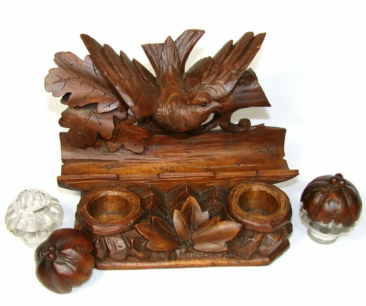 Antique Black Forest Carved Figural Double Inkwell Stand, Desk Caddy, Large Bird