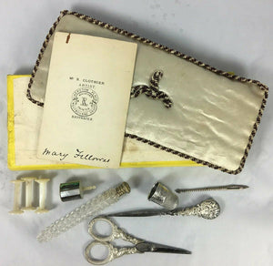 Antique French Palais Royal sewing tools, Implements, in Tray, Scissors, Scent, Mother of Pearl Spools