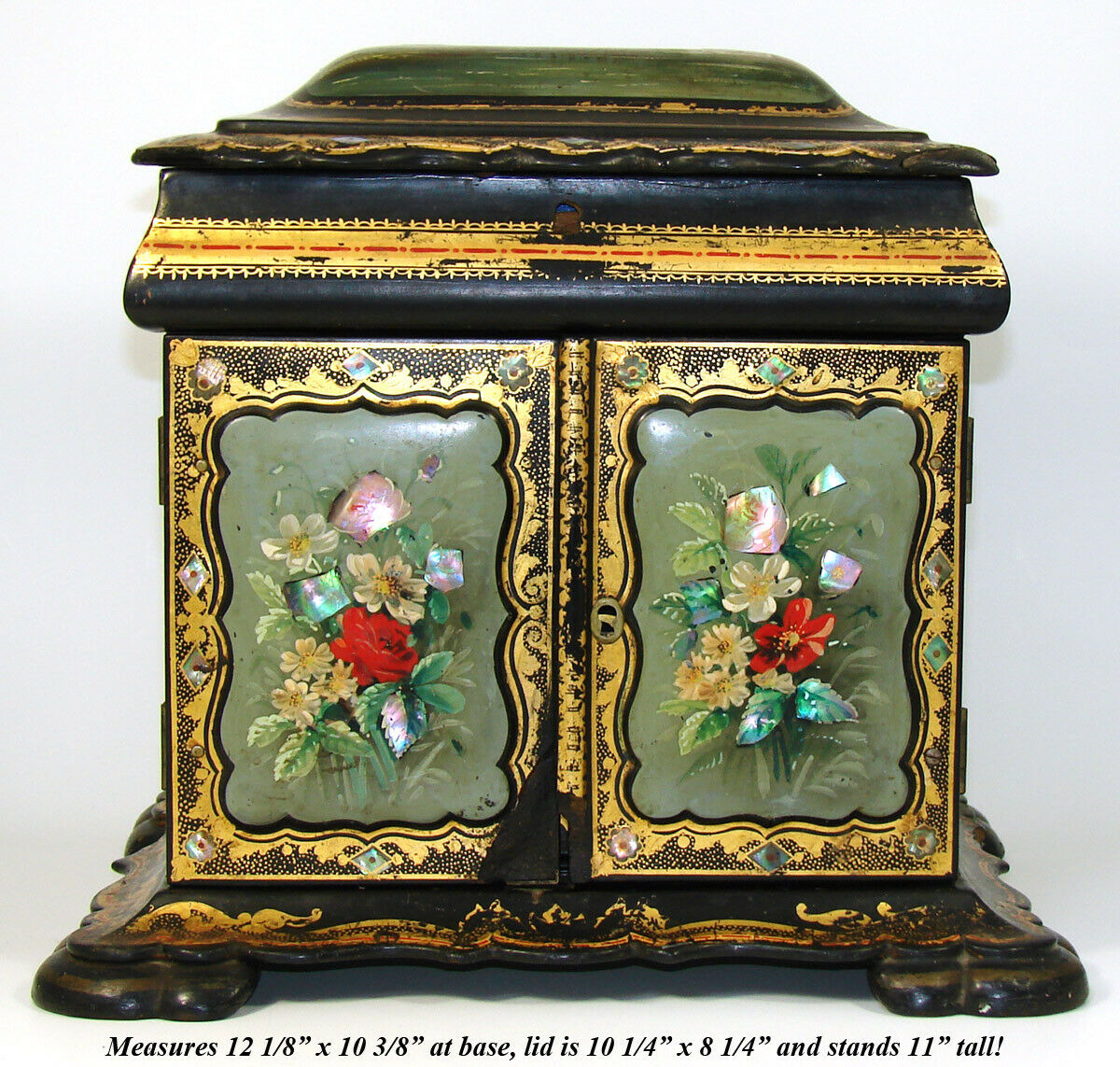 RARE Antique Victorian Papier Mache 12" Chest, HP Floral, Pearl Inlays, Tomb