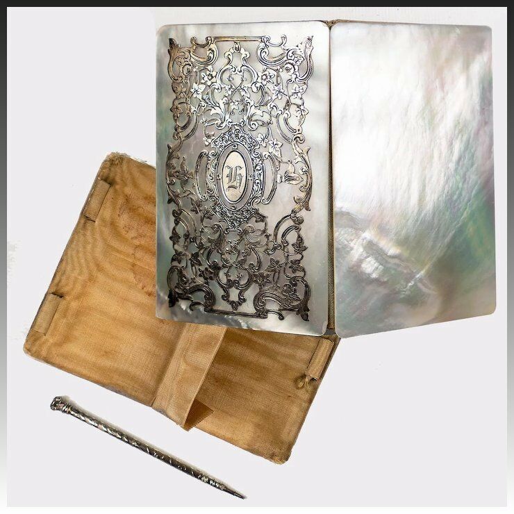 Antique French Mother of Pearl and Sterling Silver Calling Card Case Necessaire