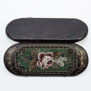 Antique French Beaded Needlepoint Panel, Spectacles Case, Leather Etui