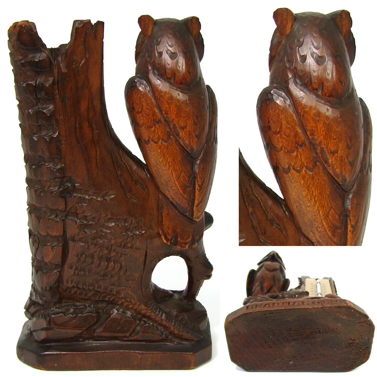 Charming Antique Black Forest Thermometer Stand, Owl & Rodent, Swiss Souvenir