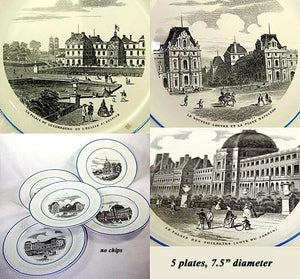 Five Spectacular Antique Plates, GRAND TOUR Scenes of Paris, 1800s Creil
