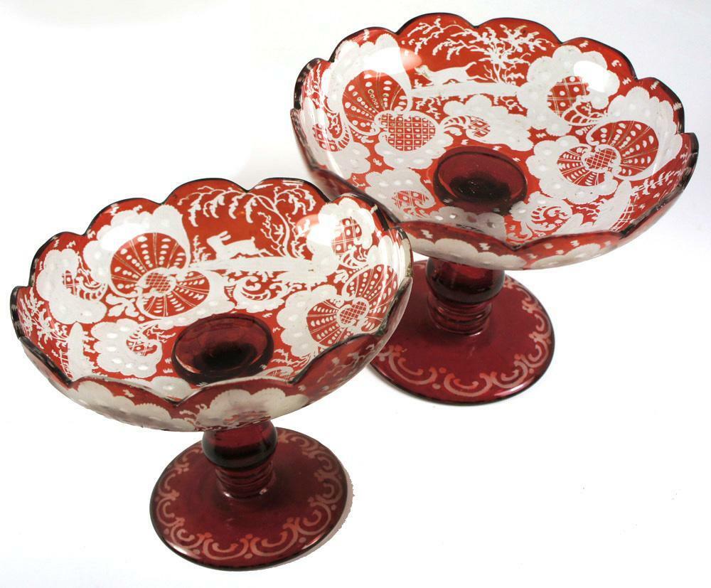 Antique Pair of 2 Matching Bohemian Red Flashing Engraved Compote, Raised Dish