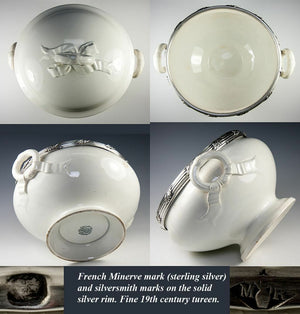 Antique French Faience Soup Tureen with Sterling Silver Collar, White Pottery