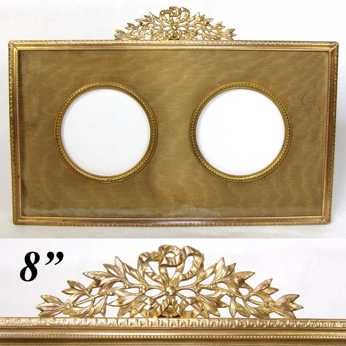 Antique French Dore Bronze 8” Double Picture Frame, Bow & Ribbon, Silk Mat