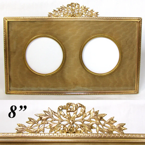 Antique French Dore Bronze 8” Double Picture Frame, Bow & Ribbon, Silk Mat