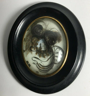 Antique French Hair Art Memento, Mourning Icon w Tomb, in 8" x 6.5" Oval Frame