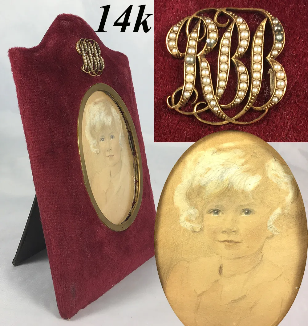 Antique Edwardian 14k Gold Seed Pearl Cartouche Frame, Child Miniature Portrait