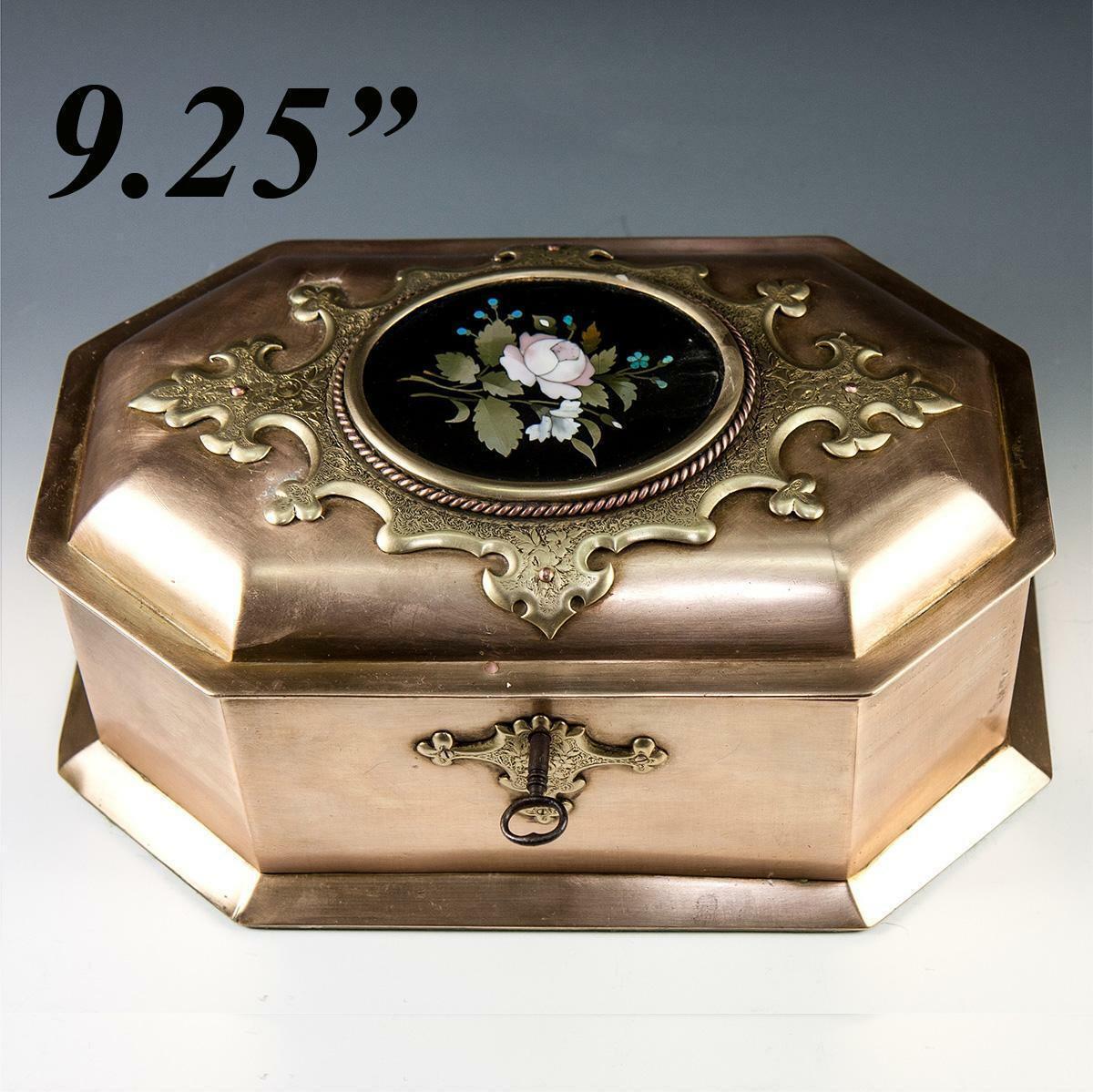 RARE Antique Heavy Italian Jewelry Box, 9.25" Casket, Pietra Dura Plaque c.1850