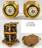 Antique French Scent Caddy, 2 Kiln-fired Enamel Perfume Flasks, Faux Tortoise