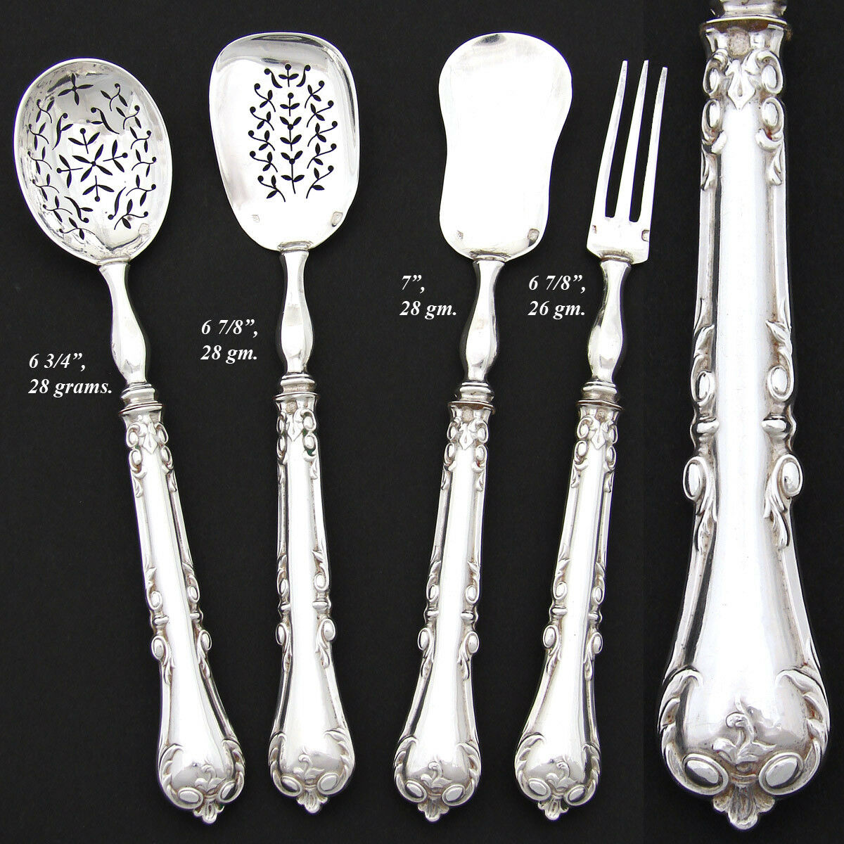 Elegant Antique French Sterling Silver 4pc Hors d'Oeuvre Implement Set, Acanthus