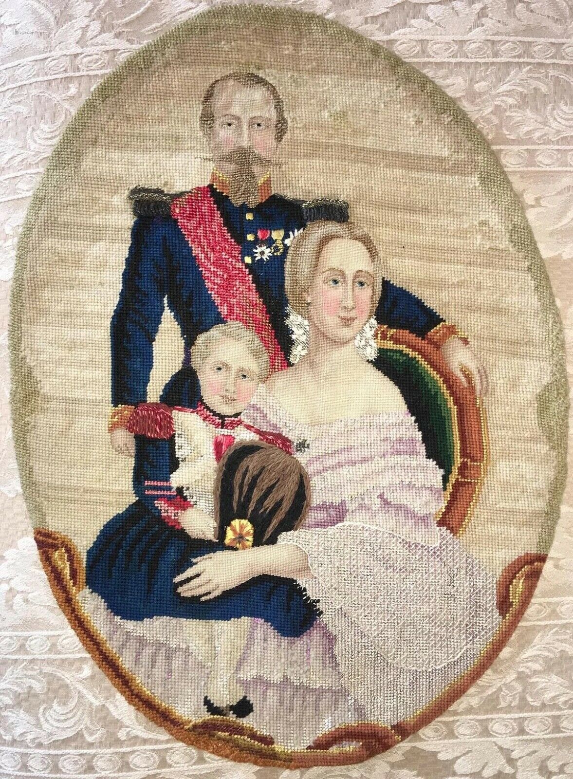 Antique Needlepoint Sampler, Tapestry, French Napoleon III Family, c.1850