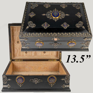 RARE 13.5" Antique French Table, Jewelry Box, Gem-Set Kiln-fired Enamel Plaques