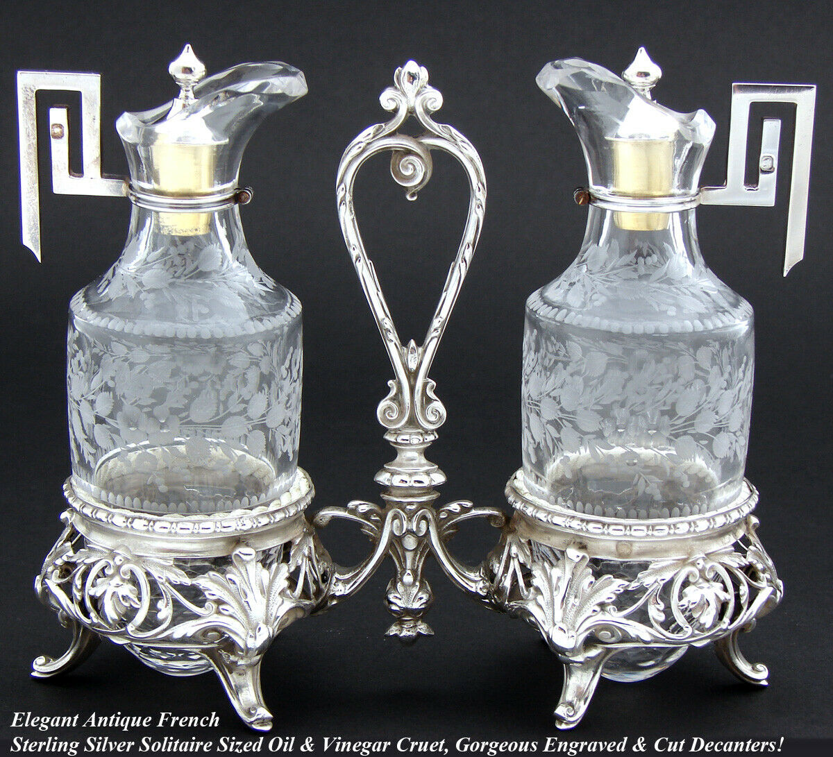 Antique French Sterling Silver & Cut Glass Solitaire Oil & Vinegar Cruet Stand