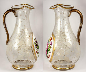 RARE Antique c. 1840-50 Bohemian Moser HP Full-Size Pitcher, Decanter, Floral