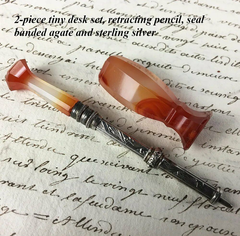 Antique Agate and Sterling Silver Stylus, Retracting Pencil and Sceau, Wax Seal