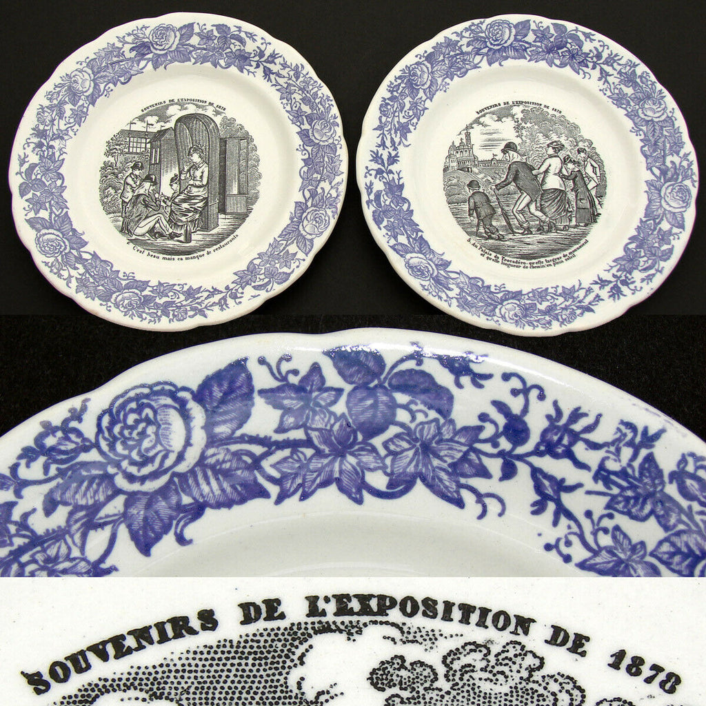 Charming Antique French Choisy le Roi 2pc Cabinet Plate Set, 1878 Expo Souvenir