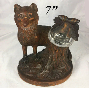 Antique HC Black Forest 7" Tall Fox, Glass Eyes, Carved Tree Stump Holds Inkwell