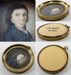 Antique Portrait Miniature, a  French Revolution Military Officer, Bronze Frame