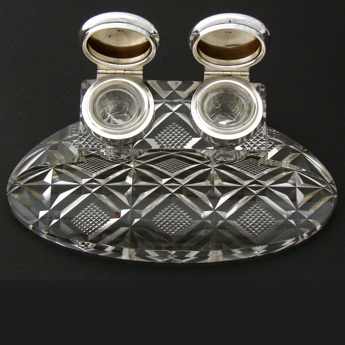 HUGE Elegant Antique English Sterling Silver & Cut Crystal 8.5" Double Inkwell