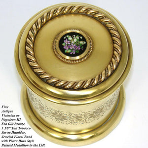 Antique Napoleon III Era Gilt Bronze Humidor, Tobacco Jar, Pietra Dura Styl Plaq