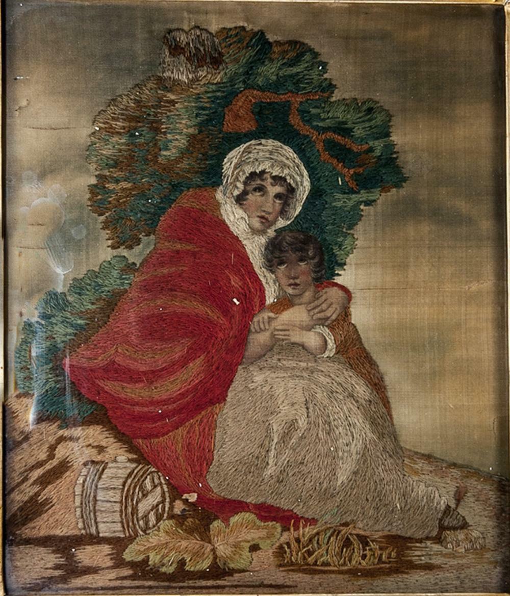 Antique Georgian Silk Work Embroidery Tapestry Sampler, in Ornate Frame: 2 Girls