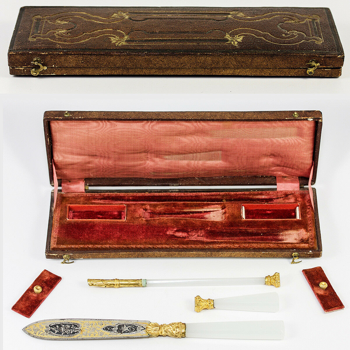 RARE Antique French c.1770-1830 Writer's Set, Complete, Opaline Seal, Pen in Box