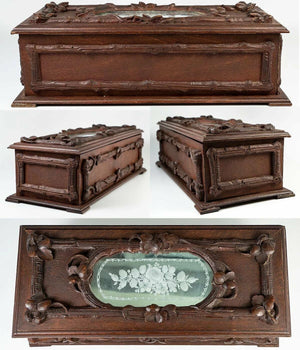Antique Black Forest Hand Carved Wood Gloves Box, Engraved Mirror Top