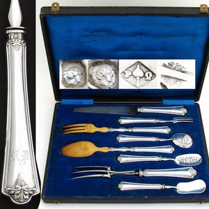 Antique French Sterling Silver 8pc Serving Implement Set, Orig Box, c. 1834-1846