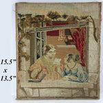 Antique Victorian Needlepoint Embroidery Sampler Panel, Girls w Letter, No Frame