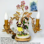 Antique Gilt Bronze 2-Branch Boudoir Lamp, Porcelain Flowers & Dresden Figures