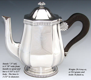 Antique French Sterling Silver 9" Coffee or Tea Pot, Teapot, Seashell Accents