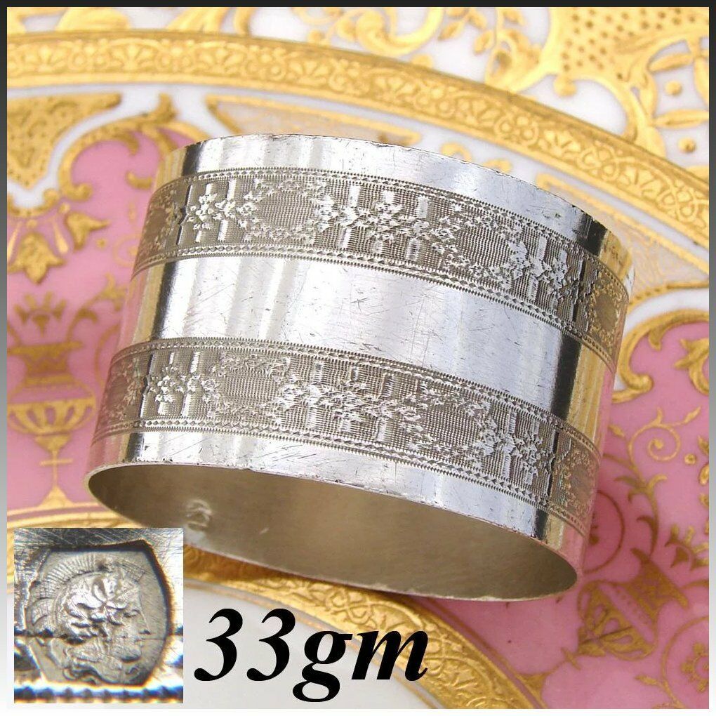 Antique French .800 (nearly sterling) Silver Napkin Ring, Frieze Floral Garland