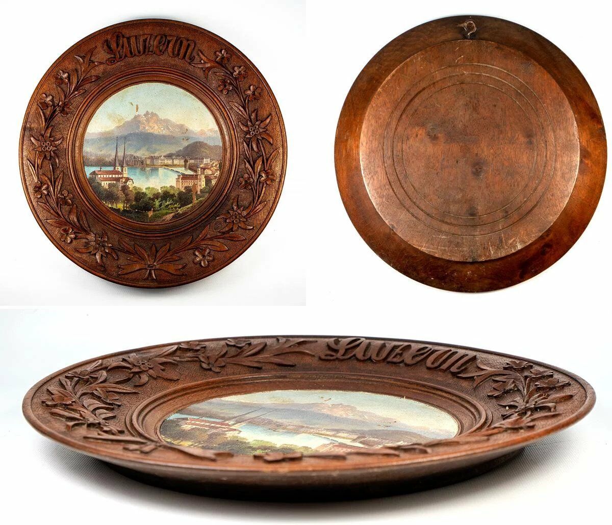 Antique Hand Carved Black Forest Bread Board, Platter, Oil Painting of Lucern