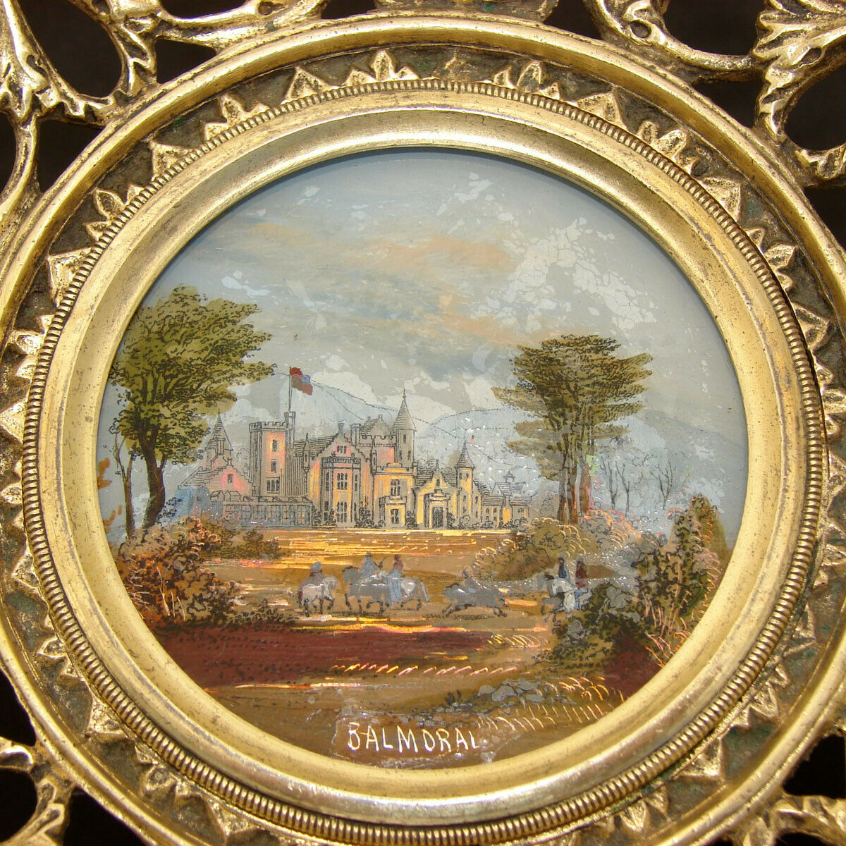 Antique Grand Tour Souvenir Card or Cake Tray: Eglomise Balmoral Castle Painting